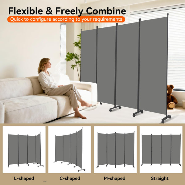 4-Panel Foldable Room Divider with Wheels
