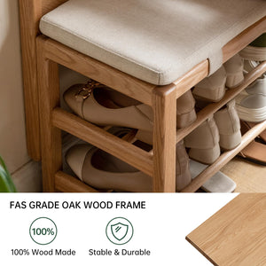 Solid Oak Hall Tree with Shoe Bench, 2-Tier Shoe Rack & 7 Hooks – Natural