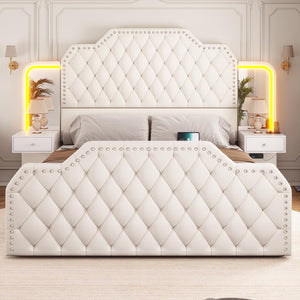 Queen Bed Frame with Storage Drawers, LED & Nightstands