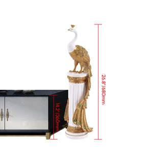 Decorative Peacock Statue – Resin Art Deco Sculpture (White & Gold)