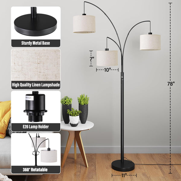 3-Light Arc Floor Lamp with Linen Drum Shades