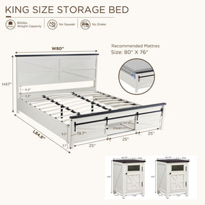 Farmhouse Bedroom Set with Barn Door Storage – King & Queen Bed + 2 Nightstands