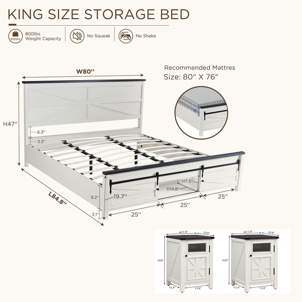 Farmhouse Bedroom Set with Barn Door Storage – King & Queen Bed + 2 Nightstands