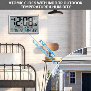 Atomic Digital Wall Clock with Indoor Outdoor Temperature and Humidity
