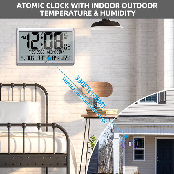 Atomic Digital Wall Clock with Indoor Outdoor Temperature and Humidity