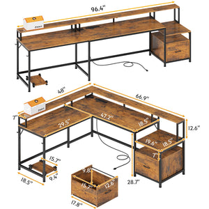 L-Shaped Corner Office Desk 66 Inch with File Drawer, LED Lights & Monitor Shelf