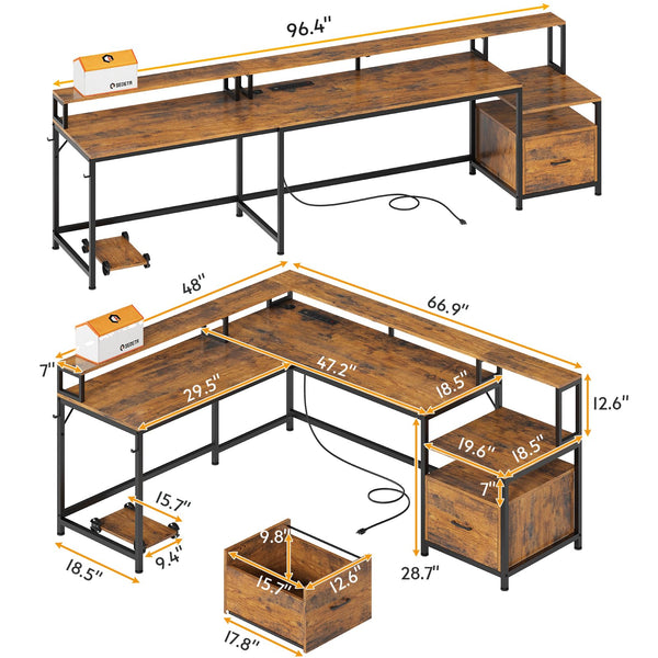 L-Shaped Corner Office Desk 66 Inch with File Drawer, LED Lights & Monitor Shelf