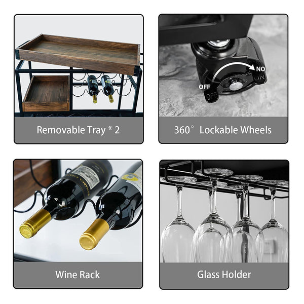 Rolling Kitchen Bar Cart with Wine Rack & Removable Trays