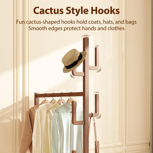 Solid Wood Rolling Clothing Rack with Cactus Hooks