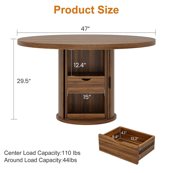 47 Inch Round Dining Table with Storage Shelf & Drawer — Seats 4 to 6
