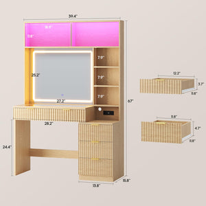 Fluted Vanity Desk with Mirror & LED Lights
