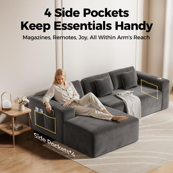 108" L-Shaped Sectional Sofa with Deep Seat & Storage Pockets