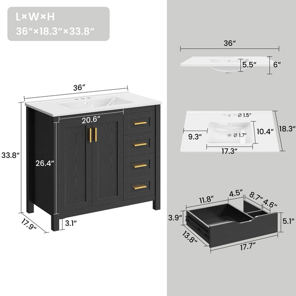 36-Inch Black Bathroom Vanity with Sink and Storage