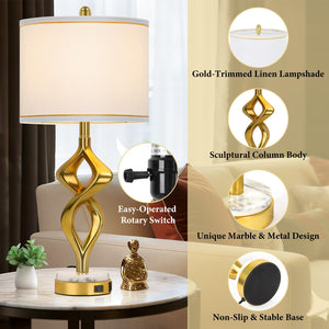 Sculptural Gold Table Lamps Set of 2 with USB Charging & Marble Base