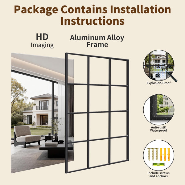 Black Window Pane Wall Mirror – Aluminum Frame, Rectangular
