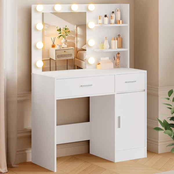 Makeup Vanity Desk with Hollywood Lights, Mirror & Storage