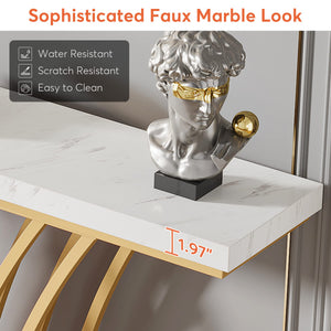 59-Inch Gold Console Table – White Faux Marble & Metal Base
