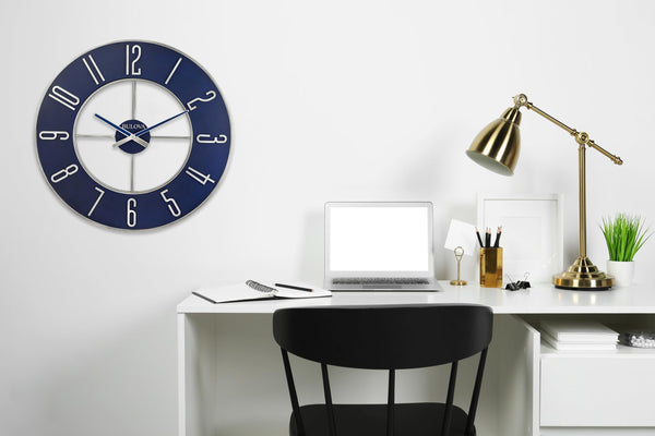 Large Round Analog Wall Clock – Silver & Blue, 27 Inch