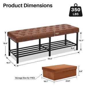 Tufted Faux Leather Storage Bench with Metal Frame
