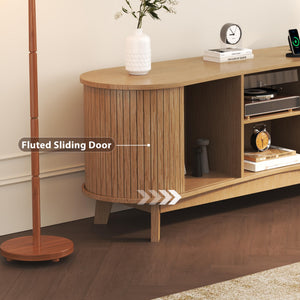 Mid Century Modern TV Stand with Sliding Doors and Power Outlet
