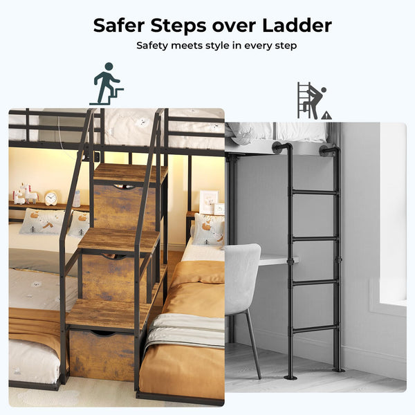 Triple Bunk Bed with Storage Staircase, RGB Lights & Charging Station – Twin Over Twin