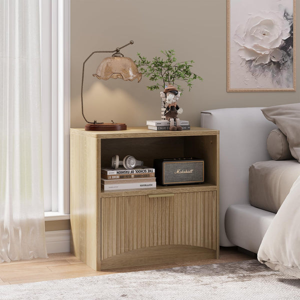 Fluted Nightstand Set of 2 with Drawer & Open Shelf