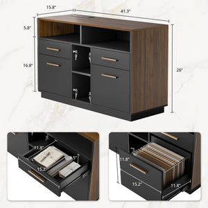 4 Drawer Wood File Cabinet with Lock, Power Strip & Storage Shelves