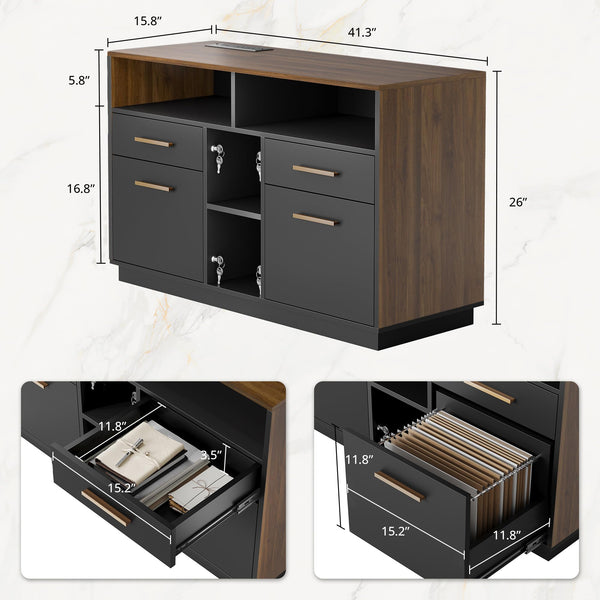 4 Drawer Wood File Cabinet with Lock, Power Strip & Storage Shelves