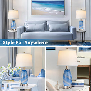 Blue Glass Table Lamps Set of 2 with USB Charging & 3-Way Lighting