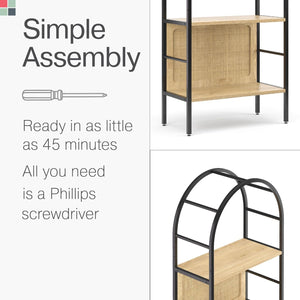 4-Tier Arched Bookshelf with Rattan Backing