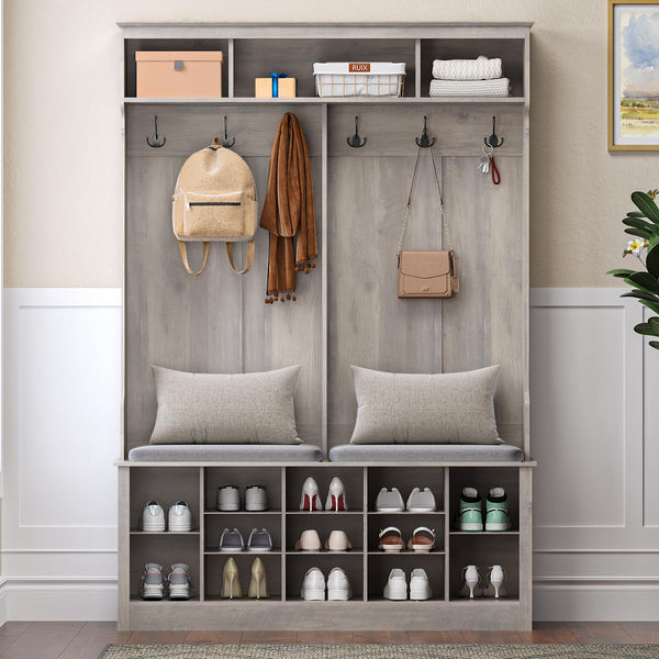Farmhouse Hall Tree with Bench and Shoe Storage, Grey