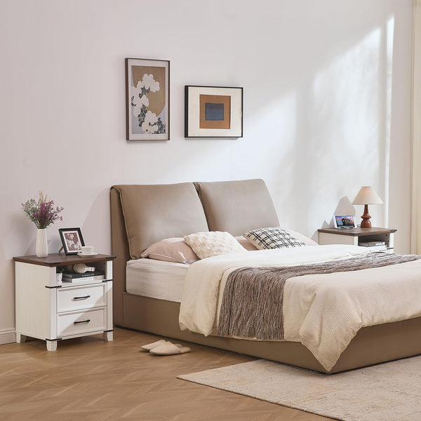 Farmhouse Nightstand with 2 Drawers & Open Shelf – White