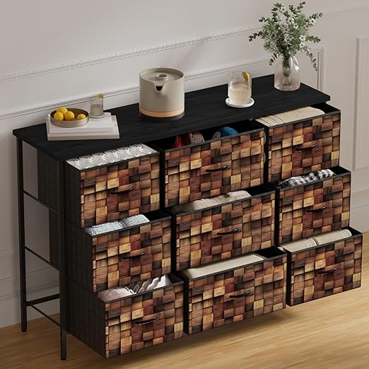 9-Drawer Fabric Dresser with Metal Frame & Wood Top