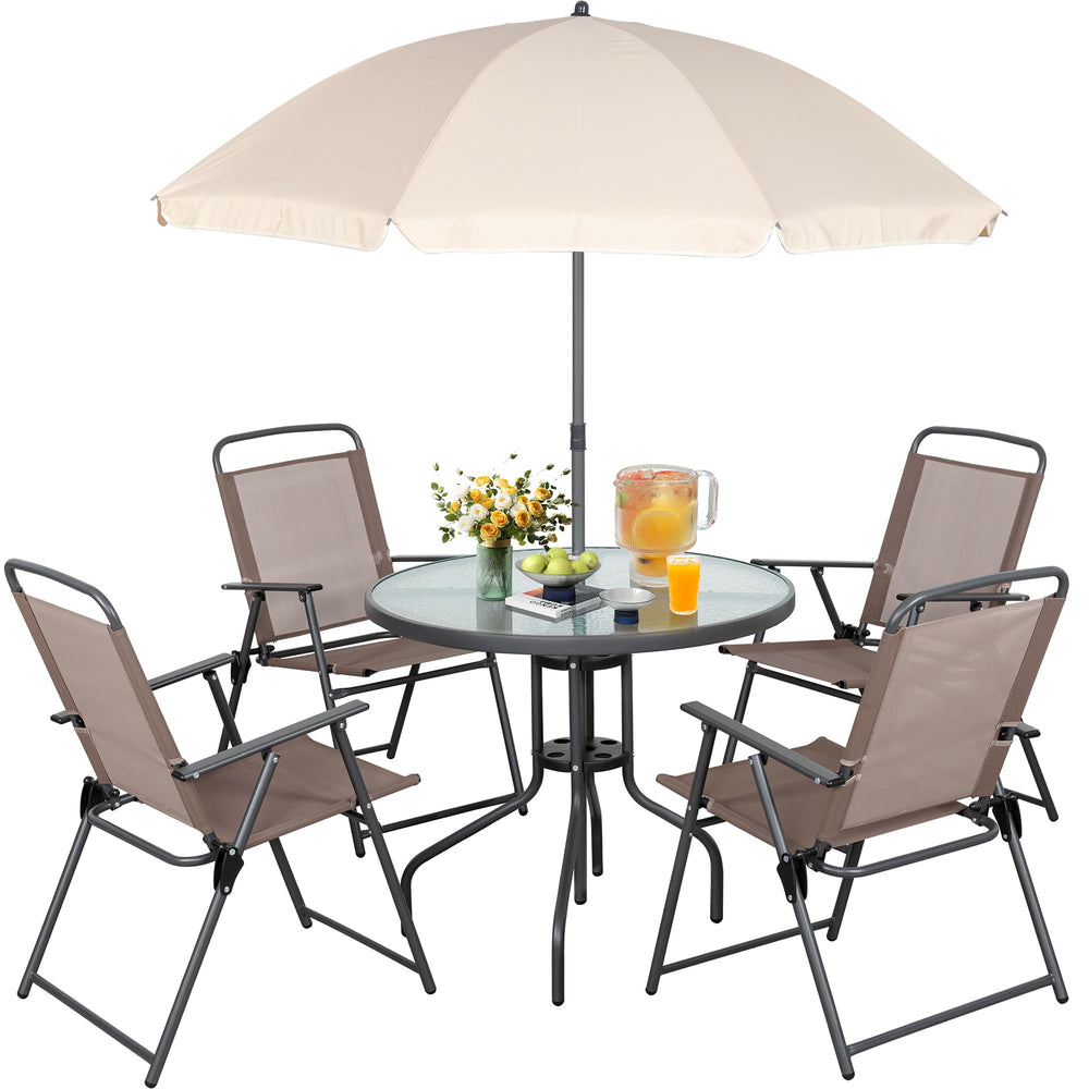 6-Piece Folding Patio Dining Set with Umbrella, Glass Table & 4 Chairs