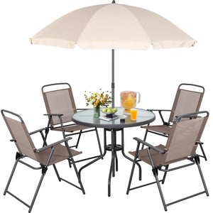 6-Piece Folding Patio Dining Set with Umbrella, Glass Table & 4 Chairs