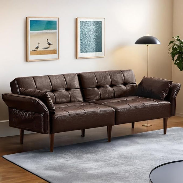 85" Convertible Futon Sofa Bed with Storage & Adjustable Armrests