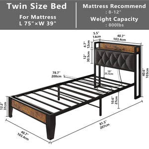 Twin Size Upholstered Bed Frame with Storage & Power Outlets