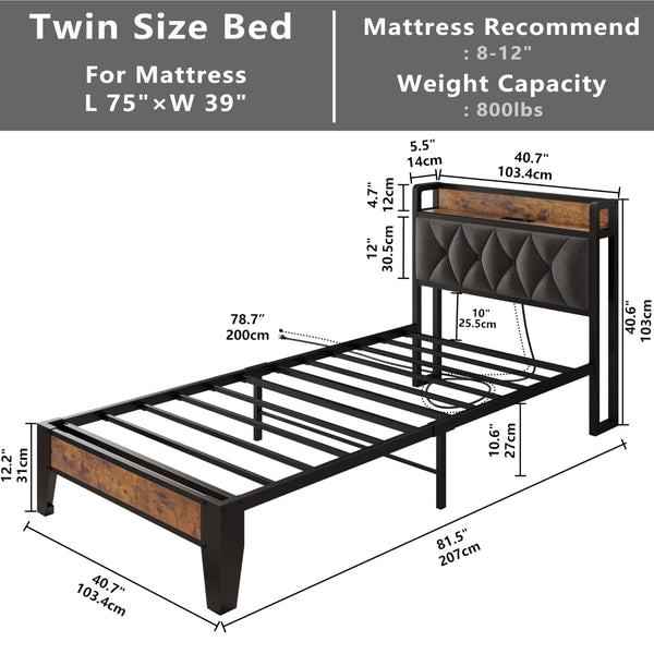 Twin Size Upholstered Bed Frame with Storage & Power Outlets