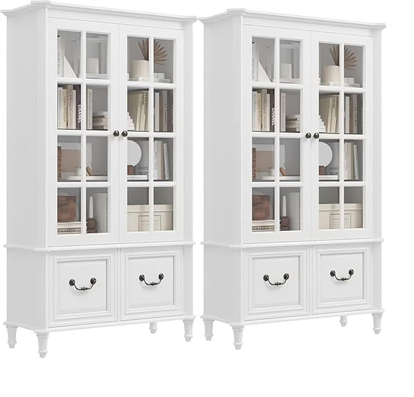 63" Tall Bookshelf with Glass Doors & Drawers