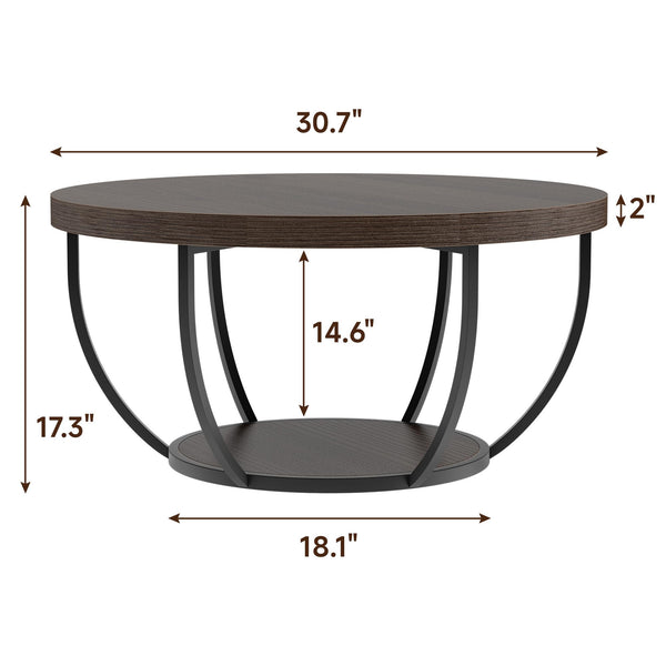 Round Coffee Table with 2-Tier Storage & Steel Frame