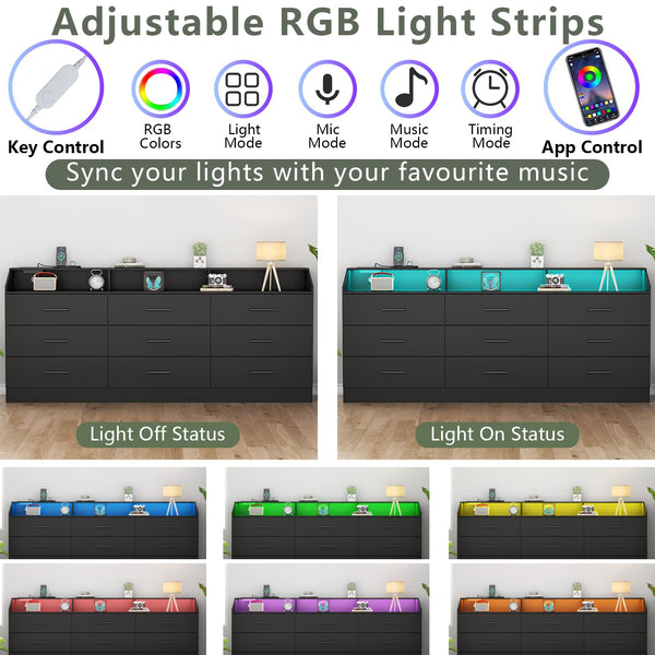 9-Drawer Dresser with LED Lights & Charging Station