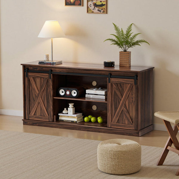 Farmhouse TV Stand with Sliding Barn Door – 58 Inch, Brown