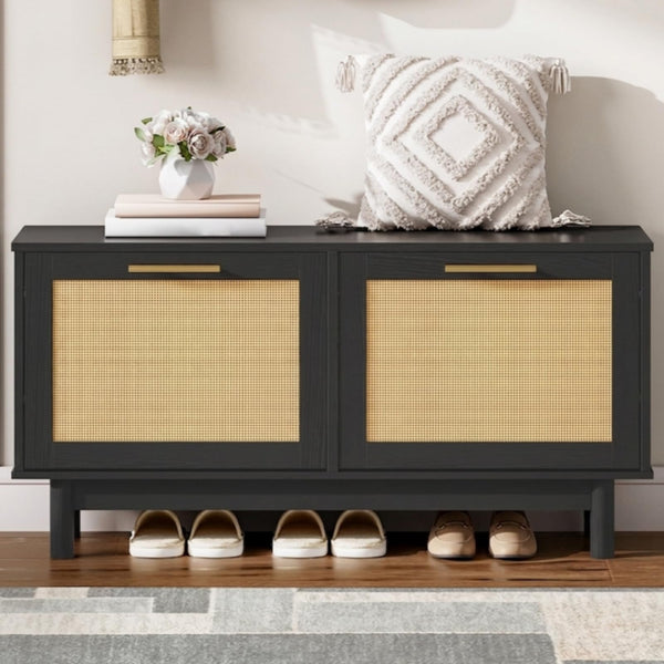 Rattan Shoe Storage Bench with Flip Drawers