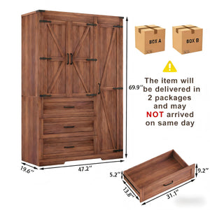 Farmhouse Armoire Wardrobe with Drawers & Hanging Rod