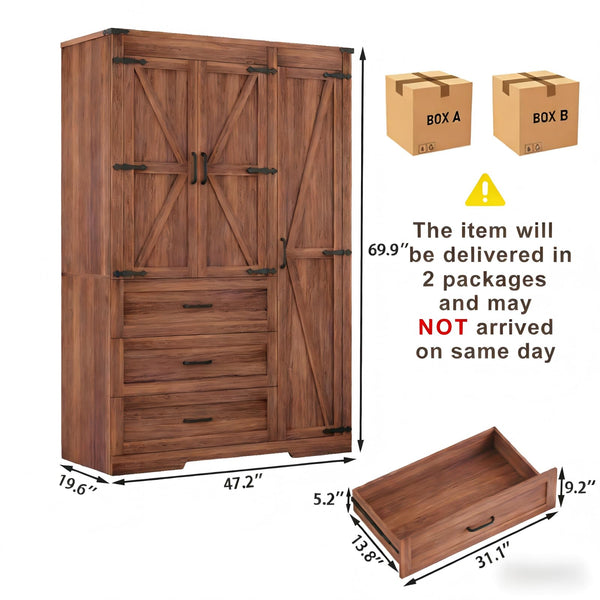 Farmhouse Armoire Wardrobe with Drawers & Hanging Rod