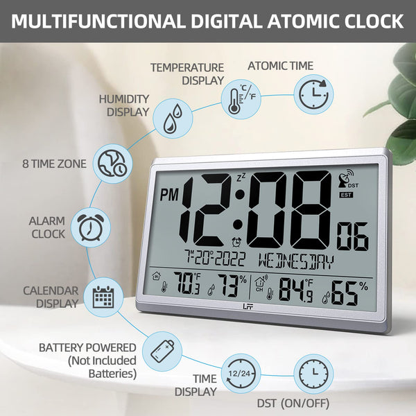 Atomic Digital Wall Clock with Indoor Outdoor Temperature and Humidity