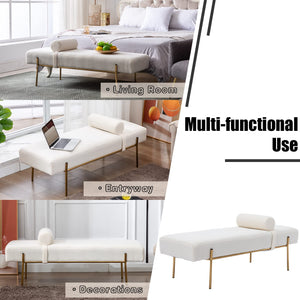 Faux Fur Upholstered Bench with Gold Metal Legs & Detachable Pillow – White