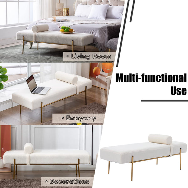 Faux Fur Upholstered Bench with Gold Metal Legs & Detachable Pillow – White