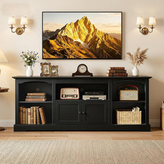 LUCKLIFE 71" TV Stand for TVs up to 80 Inch,Modern Farmhouse Entertainment Center with Arched Cabinet Doors & Open Adjustable Storage Shelves,Media Console Table for Living Room (Black, 71 inch)
