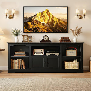 LUCKLIFE 71" TV Stand for TVs up to 80 Inch,Modern Farmhouse Entertainment Center with Arched Cabinet Doors & Open Adjustable Storage Shelves,Media Console Table for Living Room (Black, 71 inch)